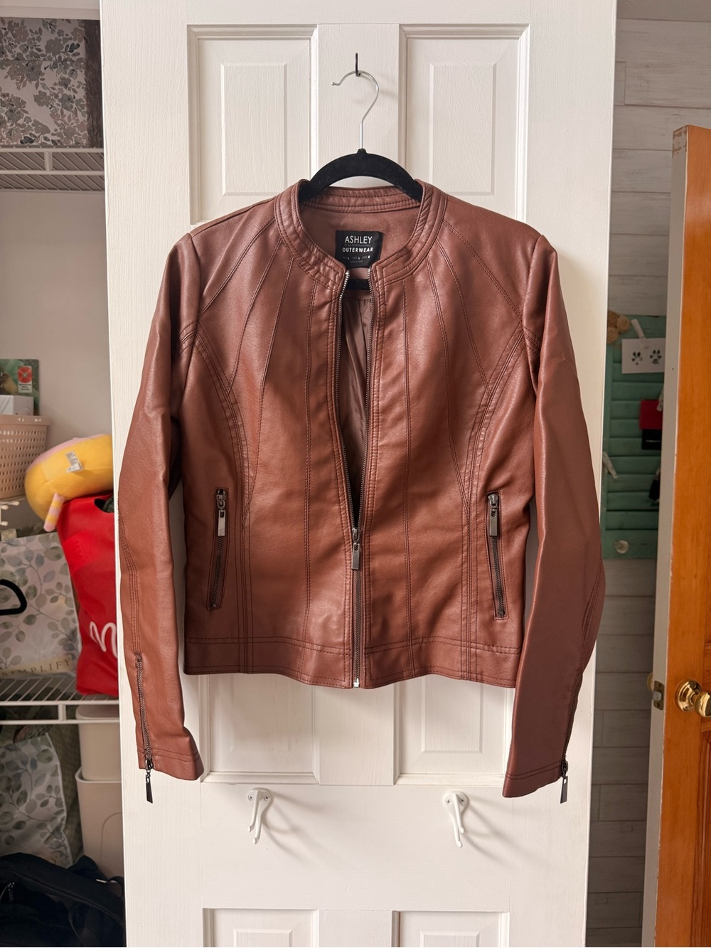 Ashley By 26 International Chestnut Brown Faux Leather Moto Jacket